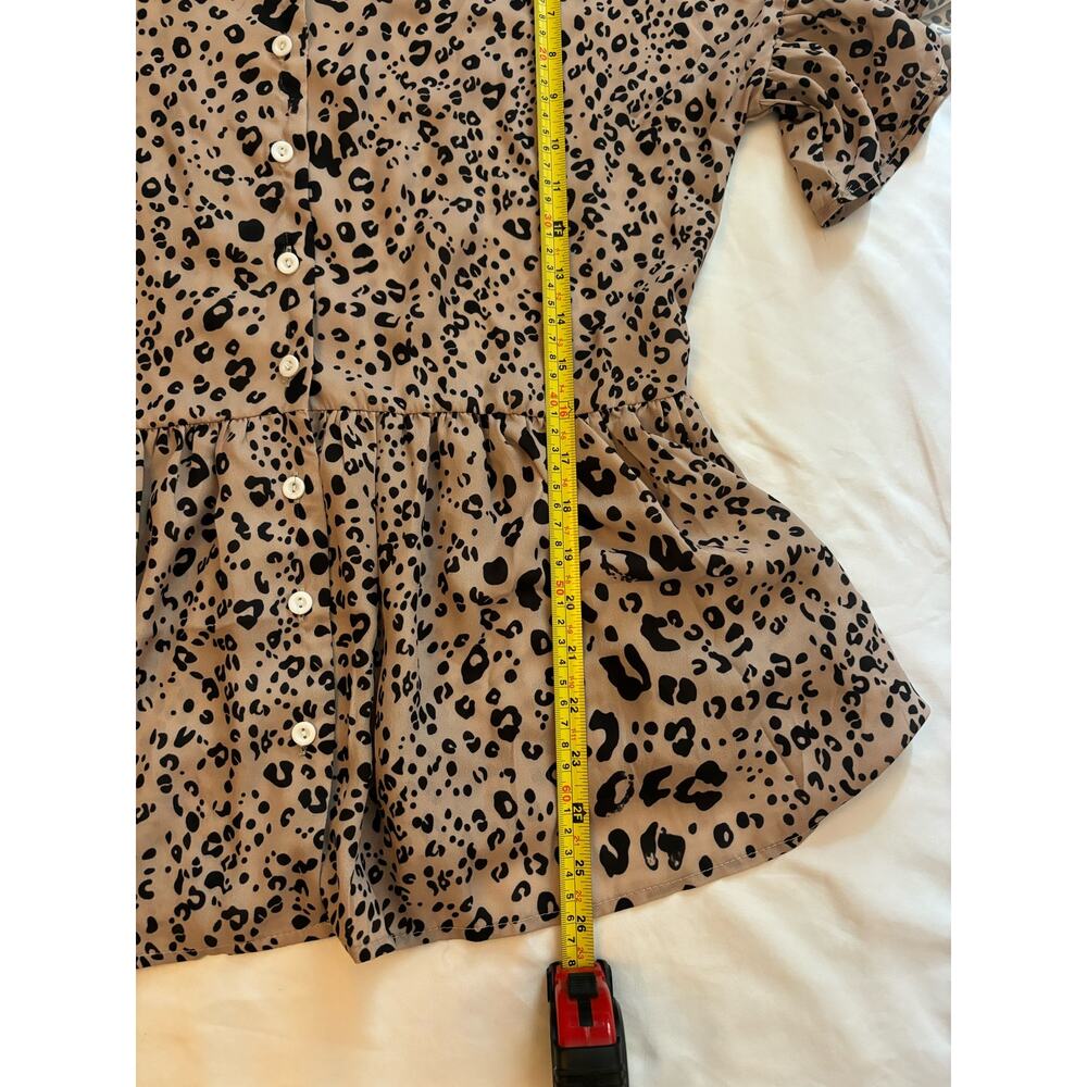 SHEIN Leopard Cheetah Print Brown Black Short Sleeve Top Button-Up Peplum Mediun - Picture 6 of 8